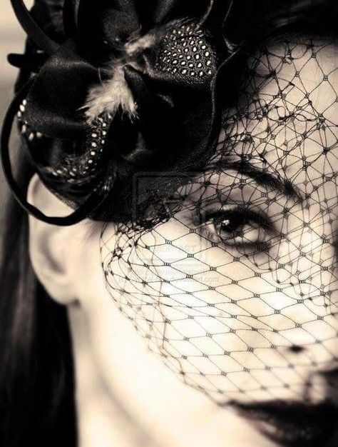 Woman wearing  fishnet veil Fishnet Veil, Veil Over Face, Net Veil, Head Dresses, Black Fish, Shot Ideas, She's A Lady, Fish Net, Dark Shadows