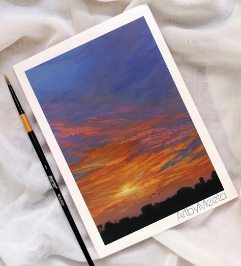 Sunset Sunset Gouache Painting, Gouache Sunset, Watercolor Sunset Sky, Gauche Painting, Dramatic Sunset, Buddha Art Drawing, Paintings Landscape, Sky Art Painting, Watercolor Sunset