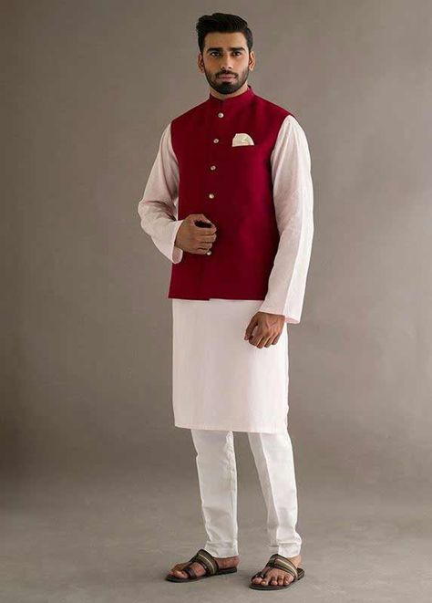 Red waistcoat with white kurta pajama designs 2017 for men in Pakistan Red Waistcoat, Gents Shirts, Kurta Pajama Men, Prince Coat, Red Kurta, Mens Waistcoat, Men's Waistcoat, Contrast Dress, White Pajamas