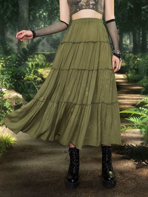 Boho Maxi Skirt Outfit, Army Green Outfit, Green Skirt Outfits, Long Green Skirt, Spring Skirt, Women Bottoms, Earthy Outfits, Estilo Hippie, Maxi Skirt Outfits