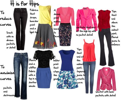 top row only1.Wear darker fabrics on your bottom half with no obvious pockets or details  3.If you wear a patterned bottom, take the light or bright color from the bottom to wear on your top and draw the eye upwards. On your bottom half only wear dense small patterns that the eye can’t focus on.  Avoid larger patterns 4.Wear jackets that end at the high hip with no pocket detail 5.Wear tops that end ABOVE your widest point Flared jeans help balance your hips Pear Shape Fashion, Flowy Skirts, Narrow Hips, Inside Out Style, Wide Shoulders, Apple Body Shapes, Pear Body Shape, Petite Style, Red Retro