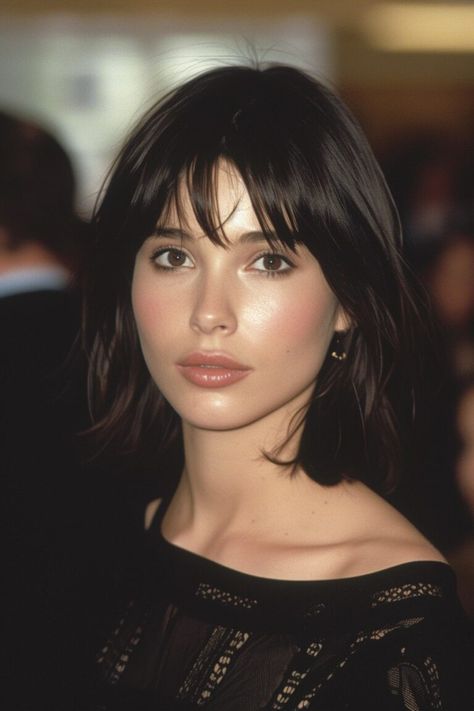 Dark Long Bob With Bangs, Short And Dark Hair, 90s Bangs Long Hair, Straight Hair Layered Bob, Christy Turlington 90s Hair, Long Bob Bangs Hairstyles, Devon Aoki Bangs, Bobs And Bangs, Short Bob And Bangs