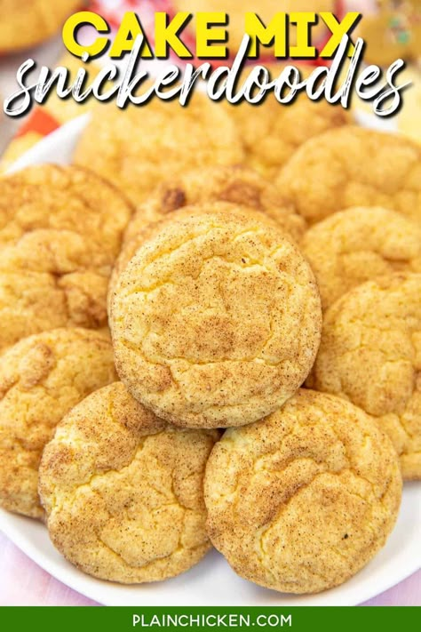 Cake Mix Snickerdoodles, Cookie Cake Recipe Easy, Yellow Cake Mix Cookies, Easy Snickerdoodle Recipe, Easy Snickerdoodles, Yellow Cake Mix Recipes, Spritz Cookie Recipe, Cake Box Cookies, Recipes Using Cake Mix