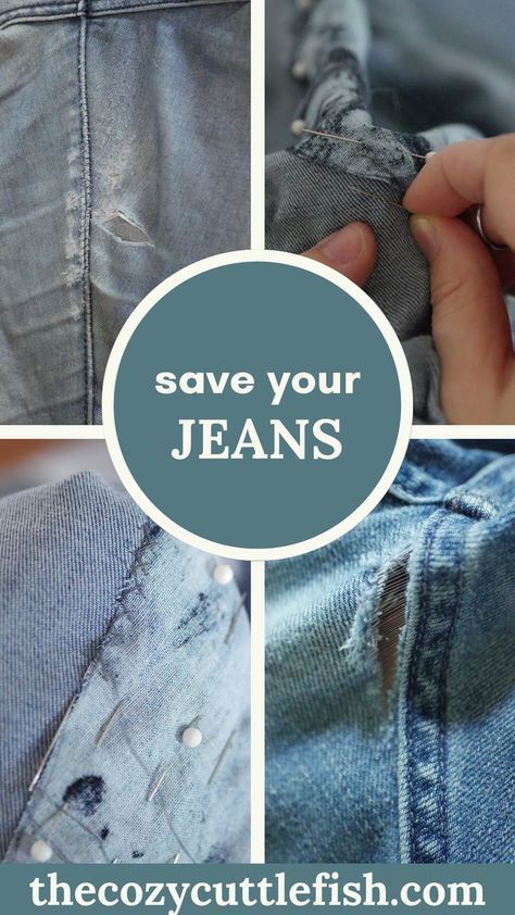 Mending jeans doesn’t have to be a chore with these fast and easy hand-sewing techniques to repair holes, tears, and wear. Mend Jeans Holes, Repair Jeans By Hand, Mending Jeans By Hand, Cross Stitch On Jeans, How To Mend Jeans, Jeans Mending, Visible Mending Jeans, Jean Mending, Repairing Clothes