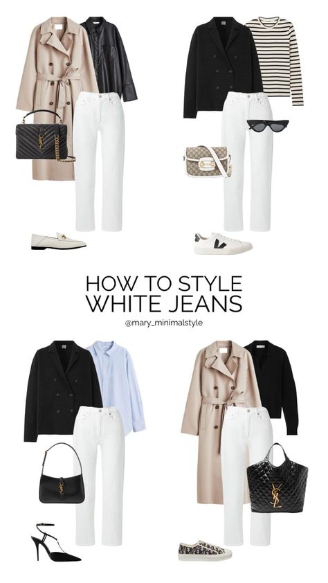 Double-breasted trenchcoat seleccionado por LTK Preppy Capsule Wardrobe, Minimal Capsule Wardrobe, Style White Jeans, Capsule Wardrobe Women, White Pants Outfit, Classic Capsule Wardrobe, Stylish Outfits For Women Over 50, Mode Tips, White Jeans Outfit