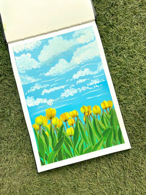 Tulip Garden Drawing, Tulip Painting Aesthetic, Oil Pastel Art Aesthetic Flowers, Field Of Tulips Painting, Gouache Tulips, Gouache Flower Field, Tulip Field Drawing, Tulips Drawing Aesthetic, Gouache Illustrations Simple