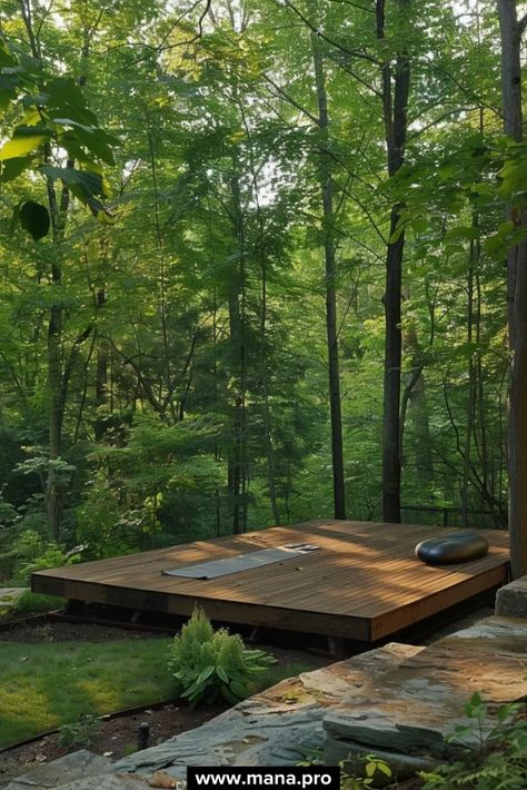 Build a wooden platform for yoga and meditation. Surrounded by nature, this space encourages physical and mental well-being, offering a perfect spot for morning or evening practice. Yoga Platform Outdoor, Backyard Meditation Space, Outdoor Yoga Platform, Outdoor Yoga Space, Meditation Garden Ideas, Relaxing Outdoor Spaces, Yoga Platform, Yoga Garden, Forest Resort