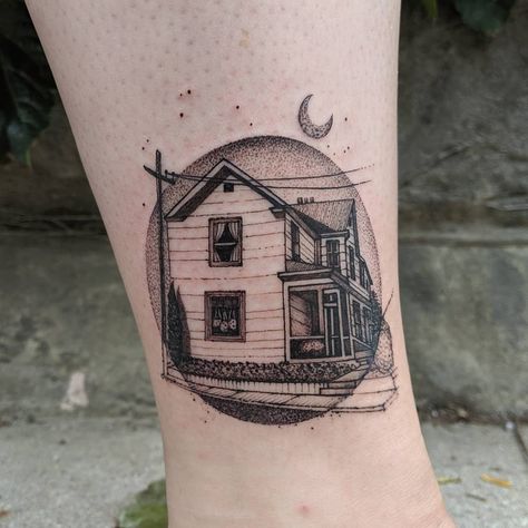 Dino Nemec on Instagram: “somewhere in German Village 🏡 -thank you so much Sara and congratulations on your first tattoo!!” Traditional House Tattoo, House Outline Tattoo, Childhood Home Tattoo, Victorian House Tattoo, Dino Nemec, Village Tattoo, German Tattoo, House Outline, House Tattoo