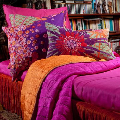 Purple, orange, pink #horchow Double Bed Designs, Bright Pillows, Colorful Bedding, Wooden Bed Design, Bed Design Modern, Orange Decor, Boho Bedding, Bad Design, Wooden Bed