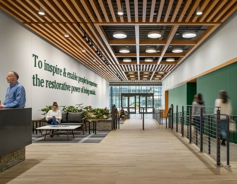 L.L. Bean Corporate Headquarters, Freeport, Maine Office Headquarters, Company Headquarters, Lobby Lighting, Freeport Maine, Acoustic Ceiling Panels, Lighting Control System, Corporate Headquarters, Davis Furniture, Modular Lounge