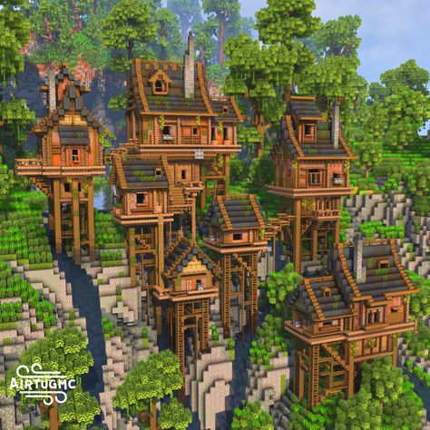 Minecraft Raised House, Minecraft Build Reference, Minecraft Builds In Mountain, Cliffside Village Minecraft, Elevated Minecraft House, Minecraft Wizard Statue, Cliffside Base Minecraft, Riverside Minecraft House, Hermit Craft Builds