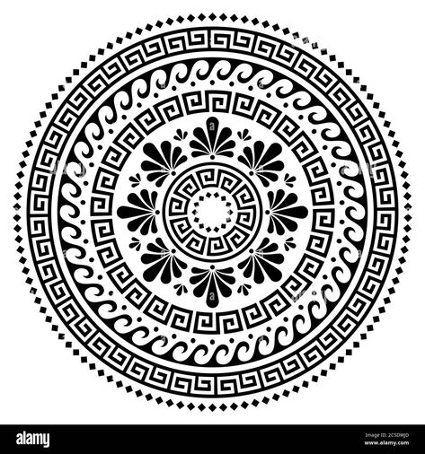 Download this stock vector: Greek vector boho mandala design, Ancient round wave and greek key pattern art in circle isolated on white - 2C5DWJD from Alamy's library of millions of high resolution stock photos, illustrations and vectors. Art In Circle, Black And White Bohemian, Bohemian Background, Greek Symbol, Greek Pattern, Boho Mandala, Mythology Tattoos, Design Mandala, Greek Design