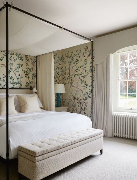 Waterside House, Turner Pocock, Headboard Curtains, Family Houses, Cosy Bedroom, Hand Painted Wallpaper, French Bedroom, Bedroom Bliss, House Bedrooms