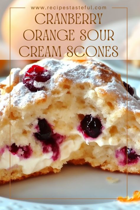 Delight in these tender and flaky cranberry orange sour cream scones, bursting with sweet cranberries and a hint of citrus. Perfect for breakfast, brunch, or as a delightful snack! Cranberry Orange Cream Scones, Orange Cranberry Cream Scones, Cranberry Orange Scones Made With Sour Cream, Orange And Cranberry Recipes, Keto Cranberry Orange Scones, Raspberry Scones Pioneer Woman, Cranberry Sour Cream Scones, Cranberry Orange Scones Ina Garten, Cranberry Scones Recipe Fresh