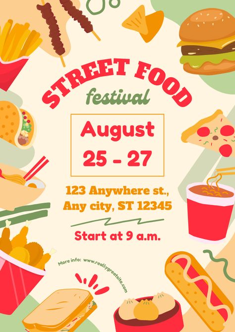 Street Food Festival Colorful Illustrative Canva Template International Food fest. #canva #template #food #street #international #fast #colorful #summer #fest Food Stall Poster Ideas, Food Stall Poster Design, Street Food Festival Poster, Food Fair Poster, Poster Food Festival, Food Festival Poster Design Ideas, Food Event Poster Design, Food Stall Ideas For College Fest, Food Stall Decoration Ideas Fair