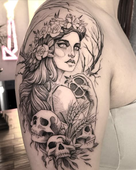 Best 25 Persephone Tattoo - Small Tattoos & Ideas Cerberus And Persephone, Powerful Women Tattoo, Beautiful Woman Tattoo, Tattoo Of A Woman, Persephone Tattoo, Greek Goddess Tattoo, Hades Tattoo, Aphrodite Tattoo, Persephone Art