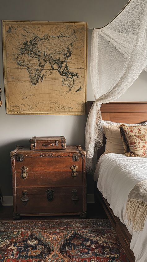 Transform your bedroom into a Sagittarius dreamscape 🌍✨ with a global-inspired design! Dive into wanderlust with a mosquito net canopy, a vintage travel trunk nightstand, and a world map headboard. Complete the look with eclectic textiles for that adventurous vibe. 🏕️🗺️ #TravelInspo #SagittariusStyle Sagittarius Bedroom, Trunk Nightstand, Traveler Room, Global Bedroom, Net Canopy, Mosquito Net Canopy, Bedroom Chic, Map Room, Travel Trunk