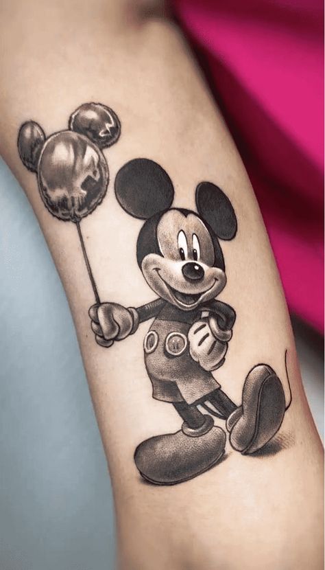 Mickey Mouse Memorial Tattoo, Mickey Mouse Tattoo Design, Mickey Mouse Tattoo, Mickey Tattoo, Balloon Tattoo, Mouse Tattoos, Traditional Style Tattoo, Mickey Mouse Head, Memorial Tattoo