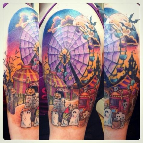 Dark Carnival Tattoo, Creepy Carnival Tattoo, Halloween Ferris Wheel, Ferris Wheel Tattoo, Spooky Carnival, Carnival Tattoo, Halloween Tattoo Designs, Maleficent Tattoo, Dark Carnival