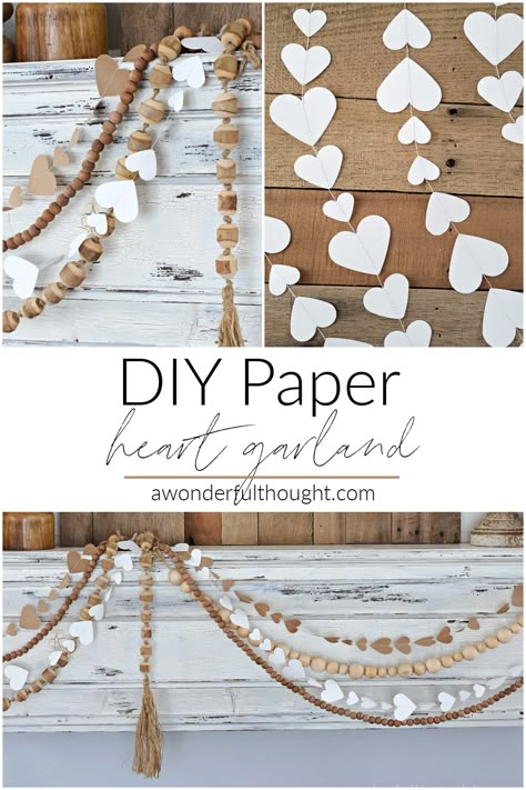 How To Make Heart Garland, Neutral Valentines Decor, Diy Paper Garland, Diy Garland Paper, Room Romantic, Valentines Treats, Paper Heart Garland, Valentine Door Decorations, Ideas Valentines Day