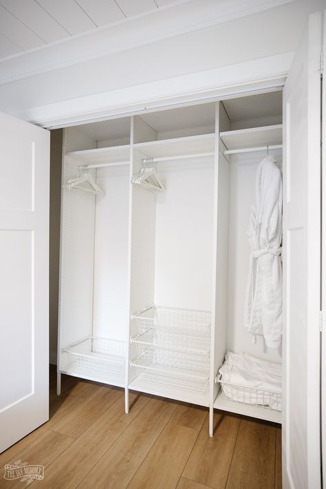 IKEA CLOSETS - Which One is Better? PAX vs. AURDAL | The DIY Mommy Ikea Pax Room Divider, Reach In Closet With Sliding Doors, Ikea Elvarli Closet, Boaxel Ikea Ideas Closet, Ikea Aurdal Closet Ideas, Aurdal Wardrobe Hack, Aurdal Closet Ikea Hack, Ikea Pax Reach In Closet, Ikea Closet Room