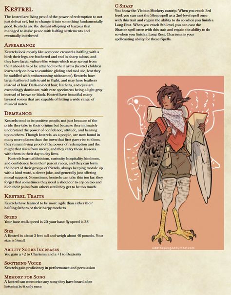 A port of kestrels from pathfinder by me Fae Races Dnd, Dnd Home Brew Races, Dnd Playable Races, Kitsune Dnd, Fictional Races, Homebrew Races, Fictional Disease Art, 5e Races, Dungeons And Dragons Races