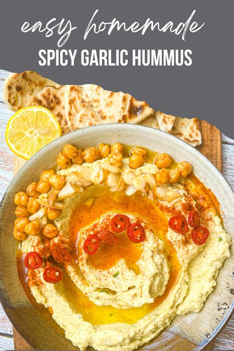 A spicy, extra-garlicky take on the classic Middle-eastern dip. Perfect for meal prep, happy hour, or lunch at work. Tips on making hummus with dried beans or canned beans included! Spicy Hummus Recipe, Making Hummus, Garlic Hummus Recipe, Spicy Hummus, High Protein Dishes, Hummus Recipes, Easy Hummus Recipe, Hummus Recipe Homemade, Garlic Hummus