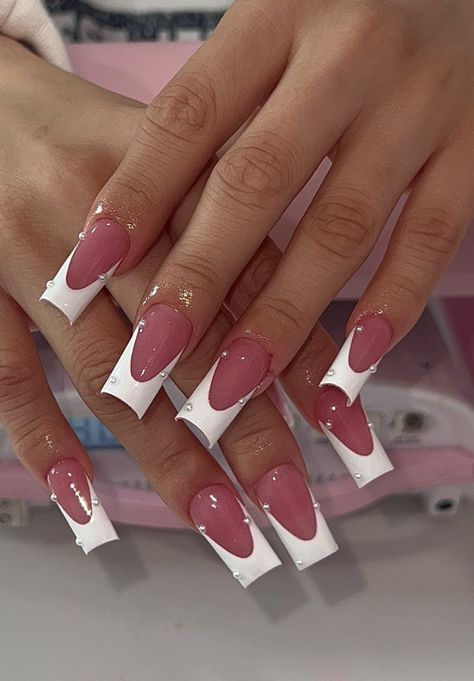 French Tip Nails With Pink Base, French Tips Pink Base, French Tips With Pink Base, French Tip With Pink Base, Pink On Pink French Tip, Straight French Tip Nails, Baddie French Tip Nails, Long Square French Tip Nails, French Acrylic Nail Designs