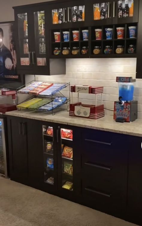 Basement Concession Stand, Loft Kitchenette, Movie Room Snack Bar, Basement Movie Room Ideas, Home Theater Snack Bar, Obsessed Garage, Small Home Theater Ideas, Small Theater Room Ideas, Snack Room