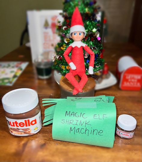 Elf on the Shelf using an Elf Shrink Machine! He shrunk a jar of Nutella! #elfontheshelf #elf #elfontheshelfideas #elfontheshelfideasforkids #elfontheshelf2022 #nutella #easyelfideas #shrinkmachine #mininutella Elf On The Shelf Shrunk, Elf On The Shelf Nutella, Mini Nutella, Elf Antics, Elf Fun, Elf Ideas, An Elf, On The Shelf, Elf On The Shelf