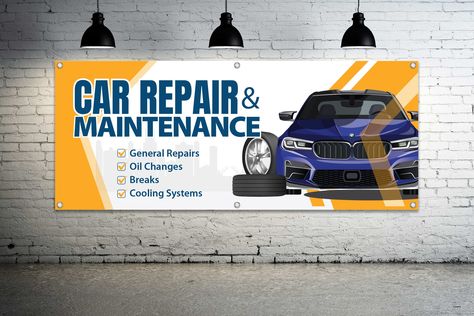 CAR REPAIR & MAINTENANCE generic vinyl banner sign. FREE domestic UPS ground shipping. - Printed on thick 15oz. blockout vinyl material - Has grommets every 2ft. - Brand new made per order - Choose size - Smooth matte finish - Water resistant - Durable - Indoor & outdoor use - Ideal for mechanics, auto shops, car repair facilities, garage - Made in USA NOTE Please allow 3 business days for production. It will ship out on the 4th business day. Thanks! Auto Repair Shop Design, Car Banner Design, Auto Mechanic Shop, Car Mechanics Garage, Auto Body Repair Shops, Siding Repair, Car Banner, Mechanic Shop, Auto Shop