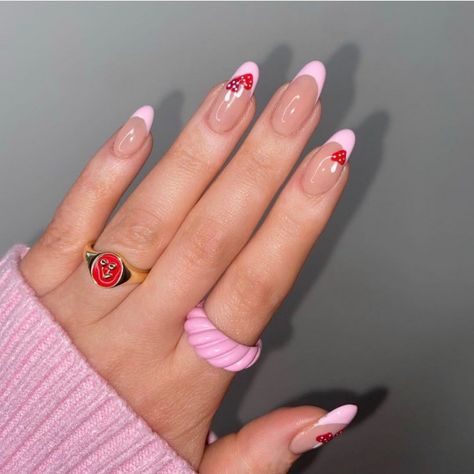 32 Mushroom Nail Art Designs : Pink French Tip Nails with Mushroom I Take You | Wedding Readings | Wedding Ideas | Wedding Dresses | Wedding Theme French Tip Mushroom Nails, Nail Designs Trippy, Pink Mushroom Nails, Nail Designs Mushroom, Cute Mushroom Nails, Mushroom Nail Ideas, Toadstool Nails, Nail Art Mushroom, Trippy Mushroom Nails