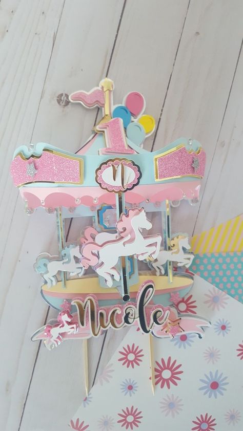 Carousel Cake Topper, Diy Cake Topper Birthday, Carousel Cake, Cricut Cake, Carousel Party, Carnival Birthday Party Theme, 3d Cake Toppers, Party Topper, Personalized Party Decor