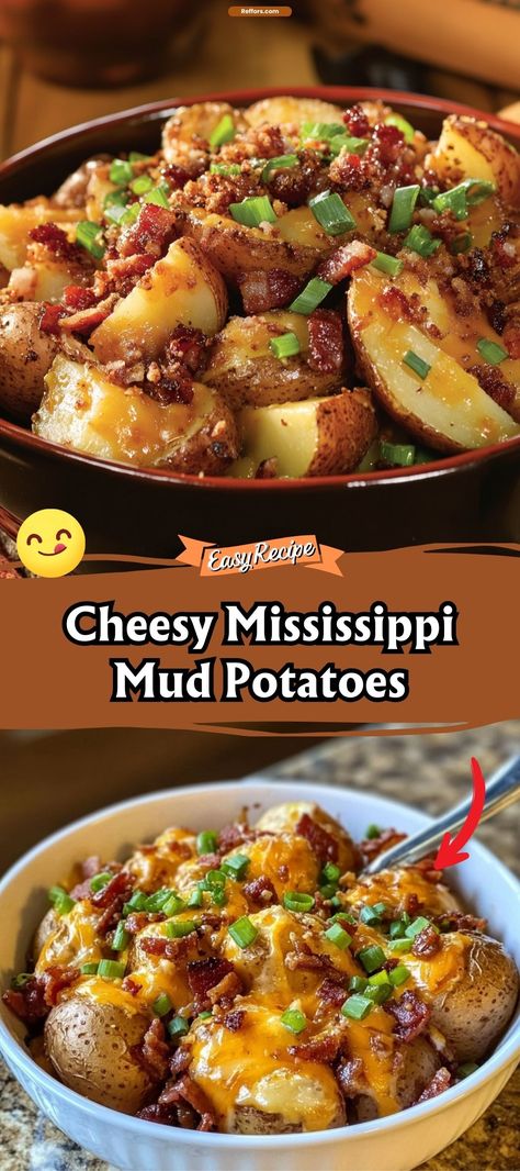 Indulge in the cheesy goodness of Cheesy Mississippi Mud Potatoes. Layers of thinly sliced potatoes, bacon, and copious amounts of cheese are baked until bubbly and golden. This decadent side dish is a guaranteed hit at potlucks and family dinners alike. #CheesyPotatoes #ComfortFood #PotluckFavorite Mississippi Mud Potatoes, Quick Supper Ideas, Hearty Lunch, Mississippi Mud, Cheesy Potato, Vegetable Side Dishes Recipes, Creamy Mac And Cheese, Potatoe Casserole Recipes, Side Dishes Recipes