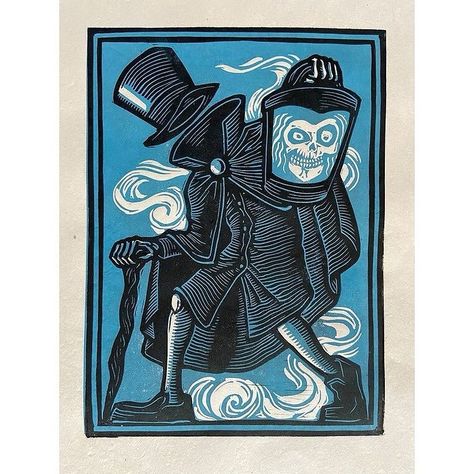 Hatbox Ghost and Haunted Mansion prints are available in my shop - link in my bio! #linocut #printmaking #thehauntedmansion #hatboxghost… Figment Disney, Phantom Manor, Bookplate Design, Hatbox Ghost, Linocut Printmaking, Lino Art, Geometric Design Art, Relief Printing, Linocut Art