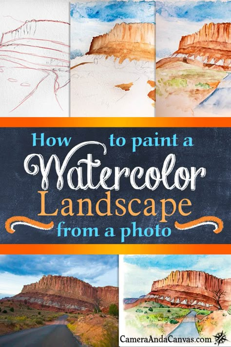 This is a Watercolor Painting Tutorial for doing your own landscape painting from a photo. Learn what supplies are good to use, along with a step by step overview on drawing and adding the watercolours! Watercolor landscape tutorials, how to paint in watercolors, watercolours, watercolors, watercolor paintings, paint from a photo, painting tips, painting tutorials, capitol reef national park, national park artwork, art tutorials, how to paint with watercolors #watercolors #watercolorpaintings #p Painting Tutorial Watercolor, Canvas Watercolor Painting, Easy Watercolor Landscape, Watercolor Landscape Tutorial, National Park Artwork, Paint With Watercolors, Watercolor Painting Tutorial, Canvas Watercolor, Landscape Painting Tutorial