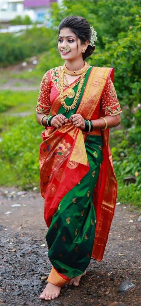 Kashta Saree Wedding, Kashta Saree Poses, Kashta Saree Look, Gudipadwa Photoshoot, Maharashtra Saree Look, Sadi Photo Poses, Maharashtra Saree, Maharashtrian Bride, Kashta Saree