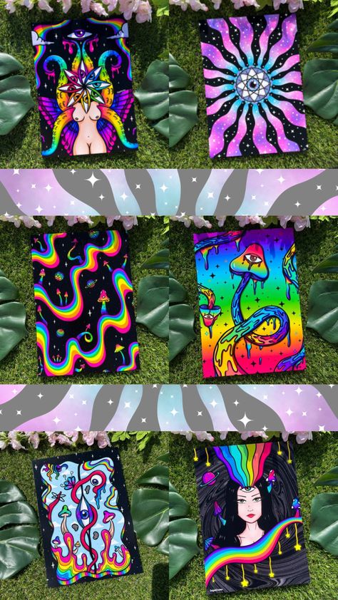 Trippy Crystal Art, Trippy Blacklight Paintings, Psychadelic Art Painting, Easy Mushroom Drawing Trippy, Stash Box Painting Ideas Trippy, Trippy Table Painting, Trippy Drawings Colorful, Trippy Forest Art, Trippy Rainbow