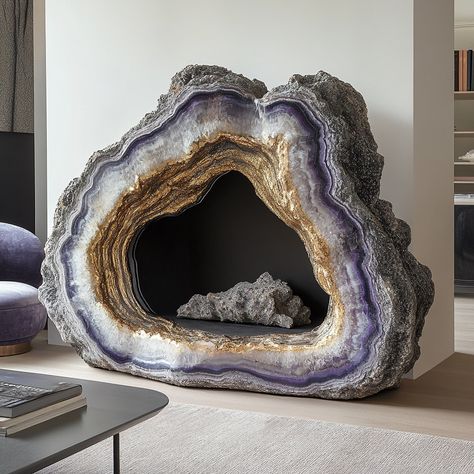 A geode fireplace is a stunning centerpiece that blends the natural beauty of geology with the warmth and comfort of a modern hearth. Crafted to mimic the intricate formations found inside geodes, the fireplace features a crystalline interior that shimmers with vibrant hues when illuminated by the flickering flames. The exterior is rugged and textured, resembling the raw outer shell of a geode, while the inside reveals a dazzling array of crystals, offering a captivating contrast. Perfect for... Geode Fireplace, Geode Sculpture, Modern Hearth, The Fireplace, Crystal Art, Geology, Natural Beauty, Fireplace, Exterior