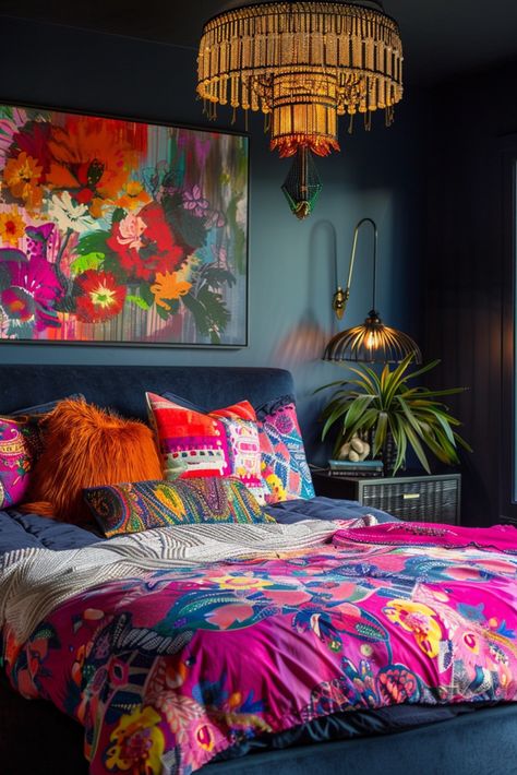 Pink Boho Bedroom Ideas, Eclectic Bedroom Furniture, Pink Boho Bedroom, Colorful Eclectic Bedroom, Jewel Tone Bedroom, Cherry Pearl, Bold Bedroom, Gamer Bedroom, Chic Apartment