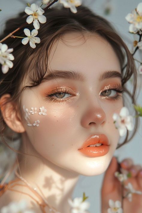 Model Makeup Looks Photography, Flower Eye Makeup Looks, Spring Makeup Looks Natural, Jelly Makeup Look, Soft Pastel Aesthetic, Flushed Cheeks, Flower Makeup, Cheek Makeup, Natural Spring