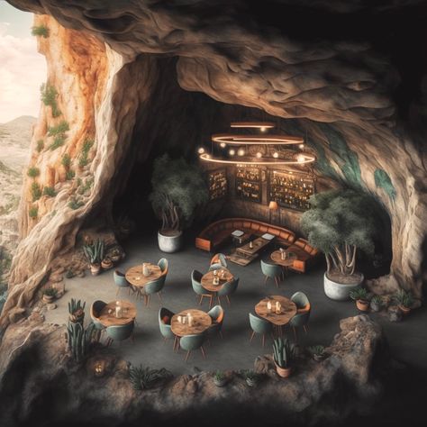 Restaurant in cave with wooden circular tables and sage green chairs Cave Restaurant Design, Fantasy Restaurant, Futuristic Restaurant, Underground Hotel, Resturant Interior, Tulum Restaurants, Cave Restaurant, Space Hotel, Aesthetic Interior Design