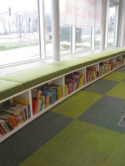 Under Window Seating, Library Seating, Public Library Design, School Library Decor, School Office Decor, School Library Design, Bookstore Design, Window Seating, Library Space