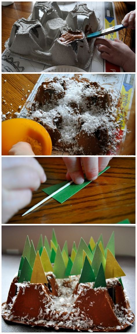 Recycle a cardboard drink carrier and make a 3-D Snowy Mountain Winter Art Project. | Fun Winter Craft for Kids. | From iheartcraftythings.com Winter Art Projects For Toddlers, Mountain Crafts For Kids, Winter Art Project, Sand Art Projects, Mountain Crafts, Fun Winter Crafts, Mountain Winter, Drink Carrier, Recycled Art Projects