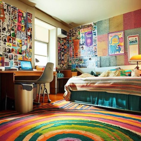 A dorm room with a colorful rug, posters on the wall, and a desk with a laptop. Aesthetic Dorm Room Ideas, Aesthetic Dorm Room, Dorm Room Ideas, Colorful Rug, An Aesthetic, Space Saving Solutions, Creative Decor, Dorm Room, Colorful Rugs