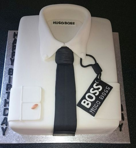 Hugo Boss Shirt Cake Hugo Boss shirt cake. Vanilla Madeira with sugarpaste covering and decorations. Cake Design For Men, Dad Birthday Cakes, Shirt Cake, Unique Birthday Cakes, Boss Shirt, Homemade Birthday Cakes, Elegant Birthday Cakes, Fathers Day Cake, Dog Birthday Cake