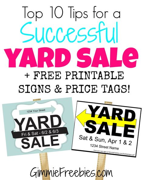 Gimmie's Top 10 Yard Sales Tips + printable garage sale signs and price tags Yard Sale Ideas Signs Free Printable, Planning A Yard Sale, Online Yard Sale Signs, Garage Sale Pricing Guide, Garage Sale Printables, Clearance Sale Sign, How Much Change To Have For A Yard Sale, Successful Garage Sale, Estate Sale Signs