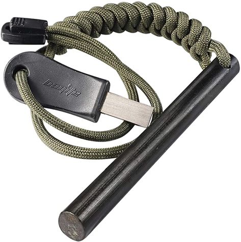 Amazon.com: bayite 4 Inch Survival Ferrocerium Drilled Flint Fire Starter, Ferro Rod Kit with Paracord Landyard Handle and Striker, 4"(Long) x 3/8"(Diameter) : Sports & Outdoors Zombie Survival Gear, Fire Starter Kit, Flint Fire Starter, Survival Fire, Flint And Steel, Rv Accessories, Fire Starter, Bug Out Bag, Survival Tools