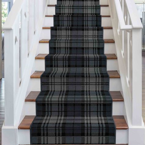 Tartan Black Stair Runner Tartan Stair Carpet, Black Stair Runner, Tartan Carpet, Black Stairs, Stair Rods, Weave Shop, Stair Carpet, Runner Carpet, Rug Runners