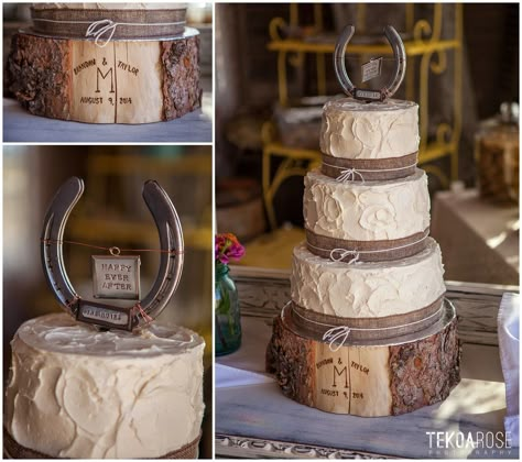 Country style wedding cake with horse shoe topper and wood block stand | Taylor and Brandon's wedding at Bernet Farms in Scappoose, Oregon by Tekoa Rose Photography Western Wedding Cake, Western Wedding Cakes, Wedding Horseshoes, Country Wedding Cakes, Horse Wedding, The Wedding Cake, Country Style Wedding, Cowboy Wedding, Camo Wedding